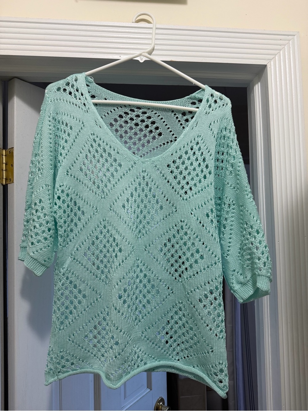 Light Aqua Open-Knit V-Neck Sweater